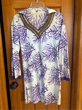 V-Neck Tunic Cotton  Dress with Purple Coral Print from Italy